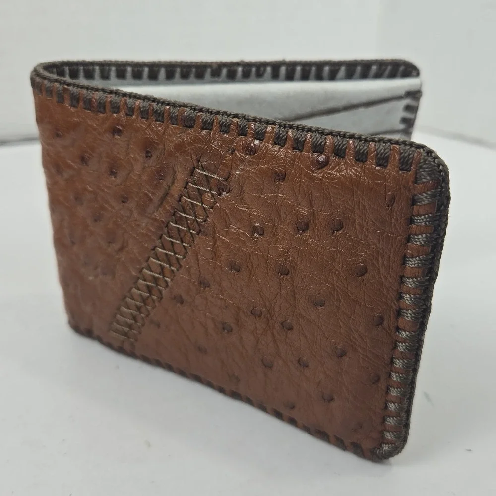 Genuine Full Quill Ostrich Wallet Cognac Brown Leather Bifold Western Mexico NEW